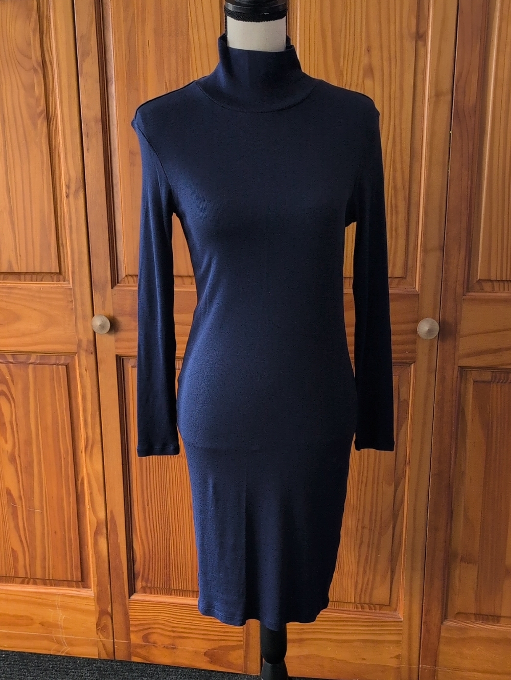 Navy Long-Sleeve Ribbed Turtleneck Fitted Knit Dress L           M499